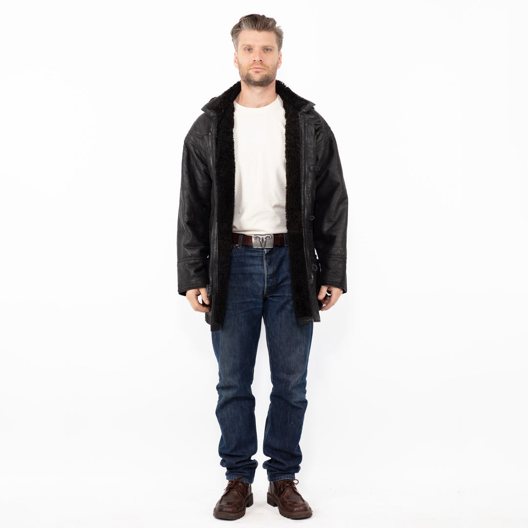 Vintage 90's Men Sheepskin Shearling Coat in BlackZ2634
