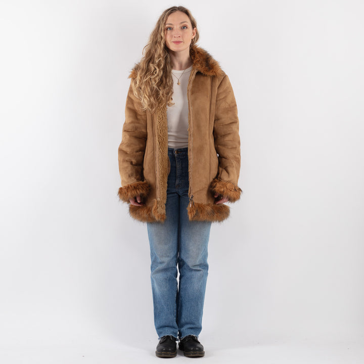 Vintage 90's Women Faux Sheepskin Coat in BeigeV9307