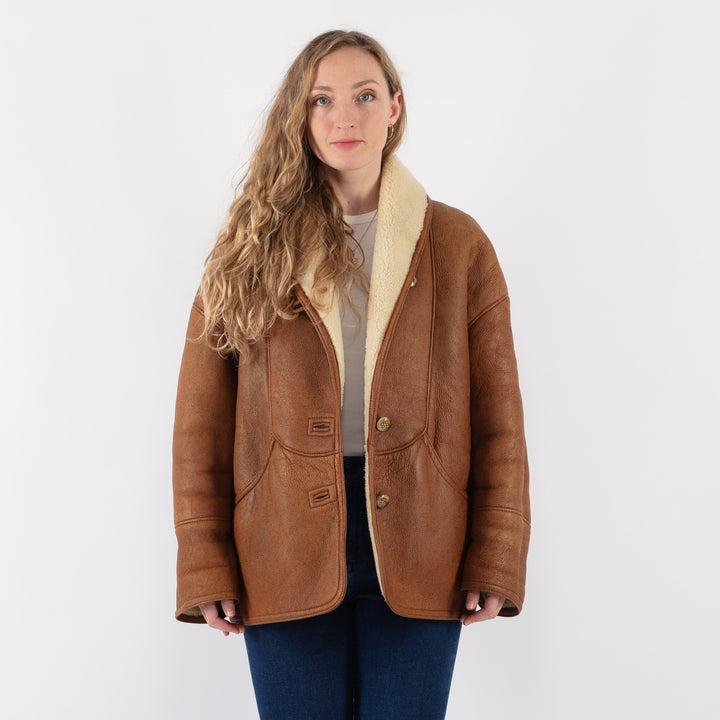 Vintage 80's Women Sheepskin Shearling Coat in Brown - NorthernGrip