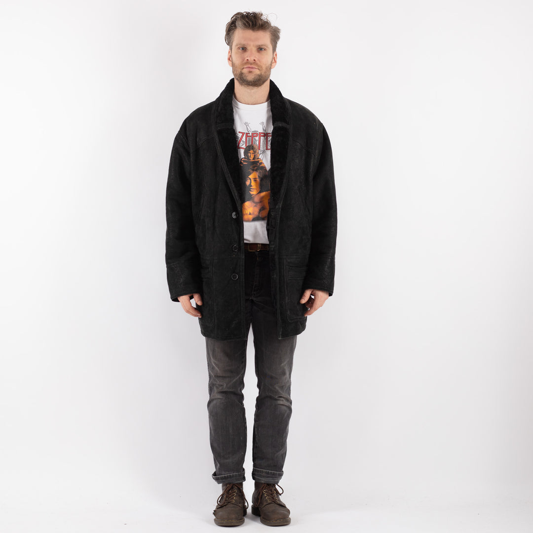 Vintage 90's Men Sheepskin Coat in Black