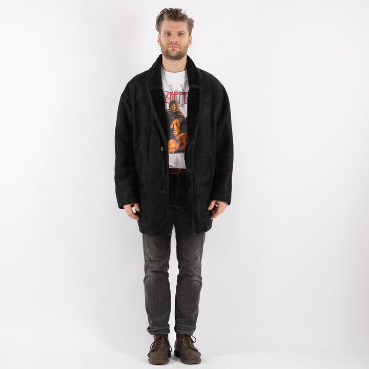 Vintage 90's Men Sheepskin Coat in Black