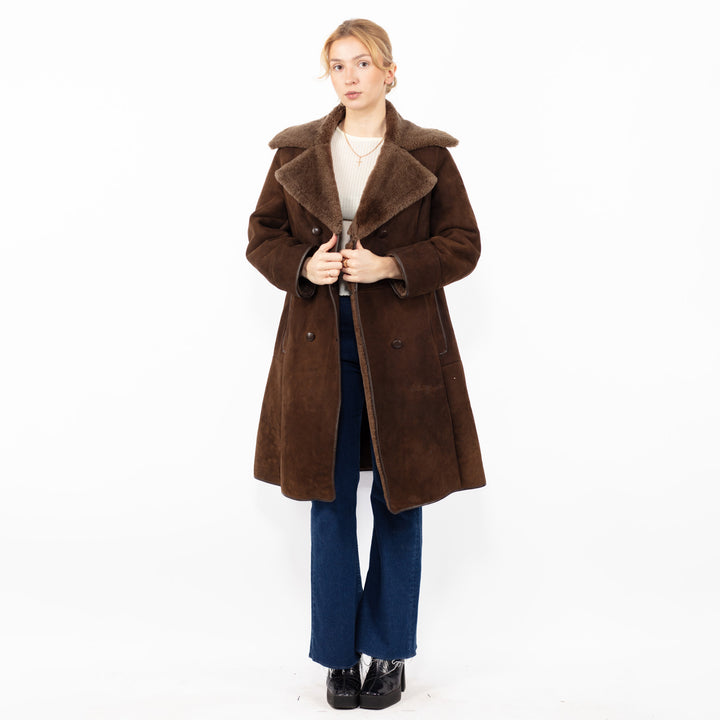 Vintage 70's Women Sheepskin Long Coat in Brown