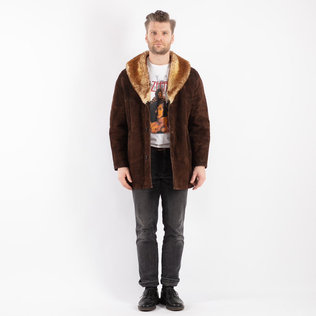 Vintage 70's Men Sheepskin Shearling Coat in Brown