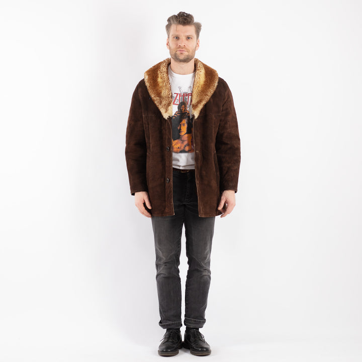 Vintage 70's Men Sheepskin Shearling Coat in Brown