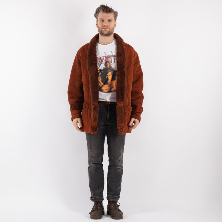 Vintage 90's Men Sheepskin Shearling Coat in Brown