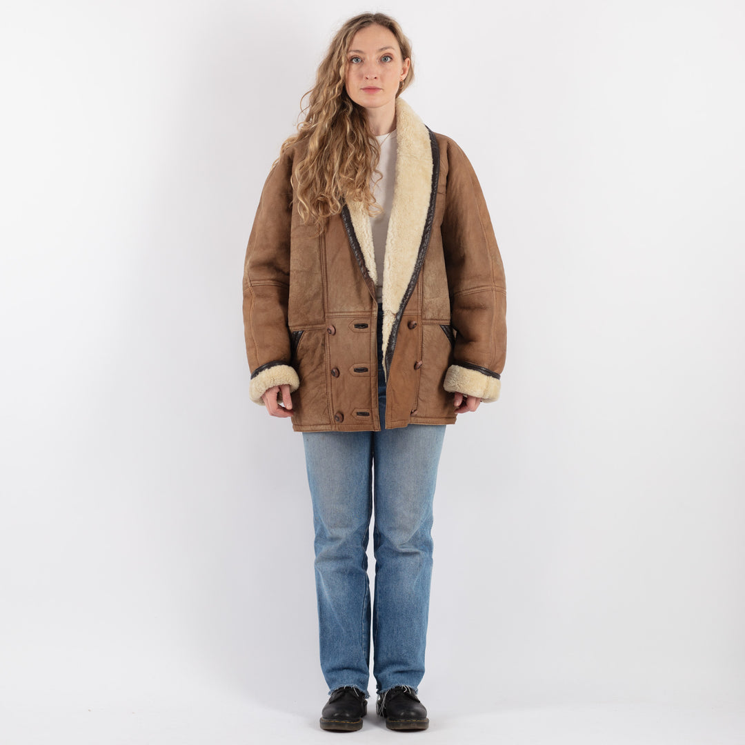 Vintage 80's Women Sheepskin Shearling Coat in Beige - NorthernGrip