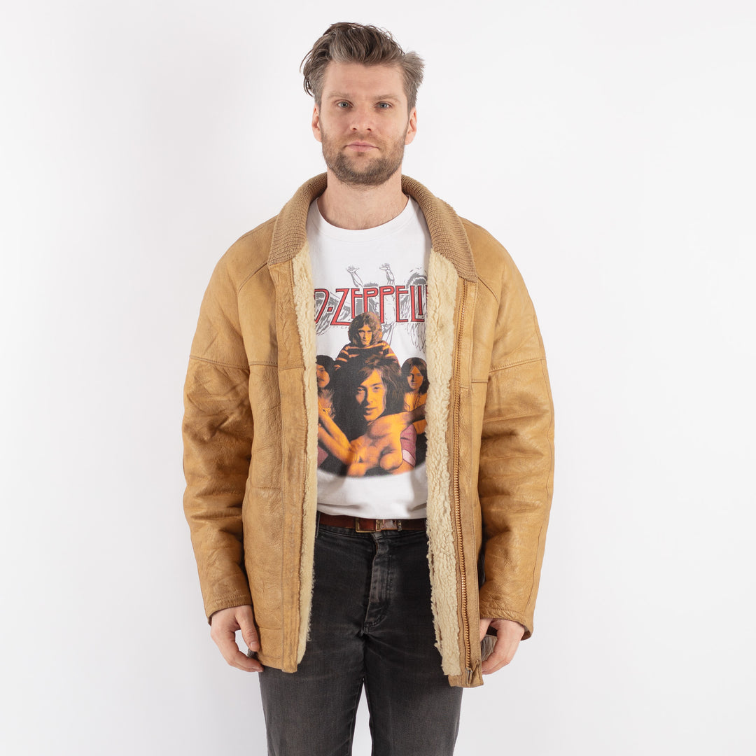 Vintage 90's Men Sheepskin Coat in Beige