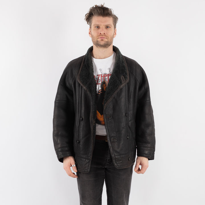 Vintage 70's Men Sheepskin Jacket in Faded Black - NorthernGrip