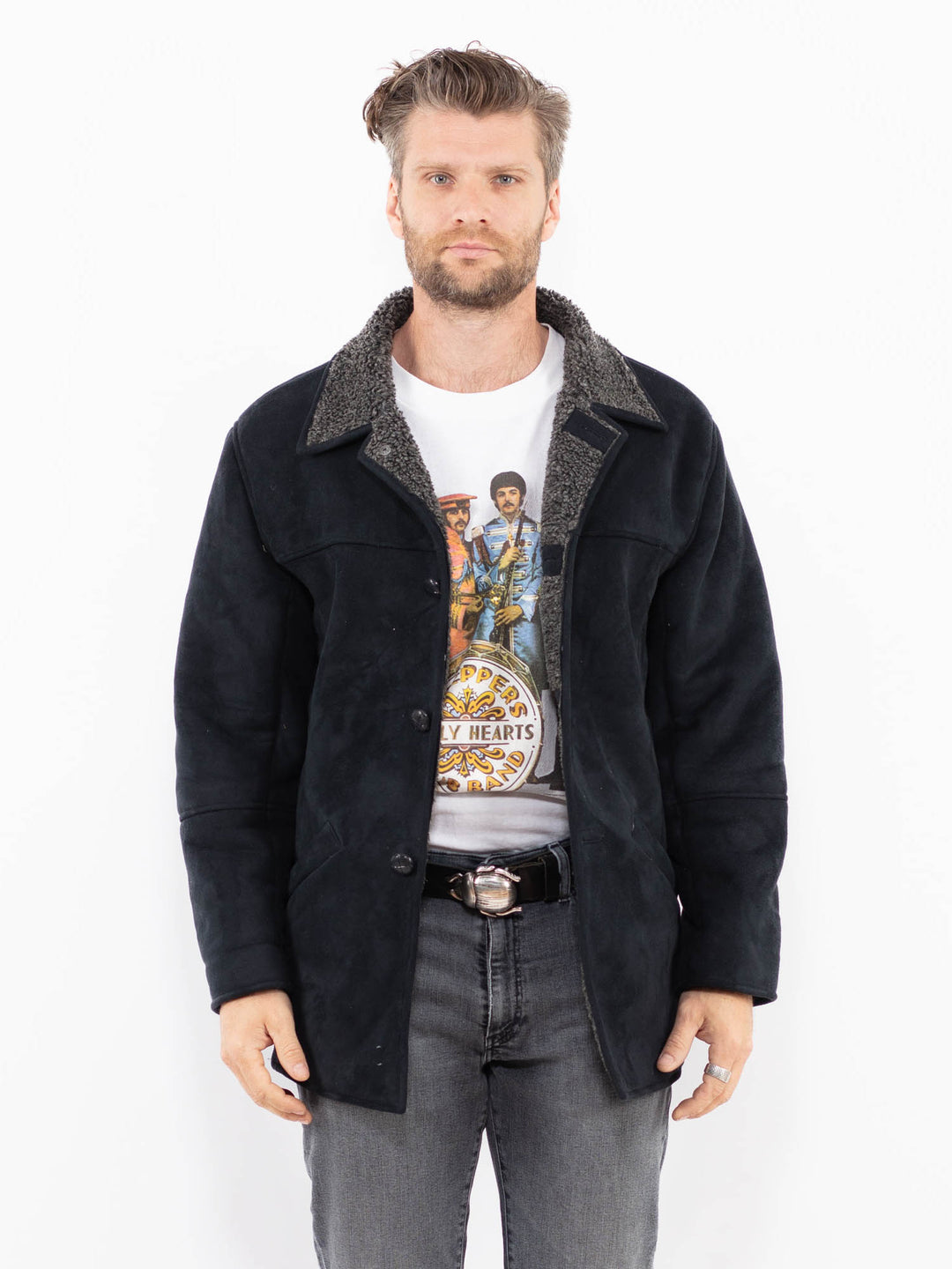 Vintage 00's Men Faux Sheepskin Jacket in GrayZ1919