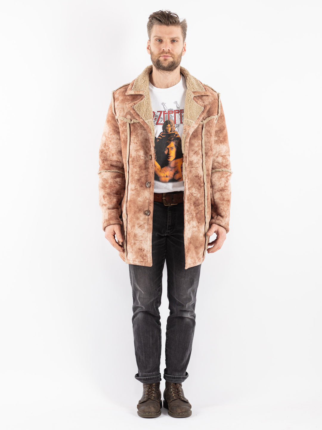 Vintage 00's Men Faux Sheepskin Coat in Beige
