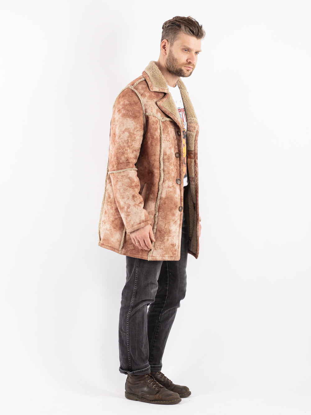 Vintage 00's Men Faux Sheepskin Coat in Beige
