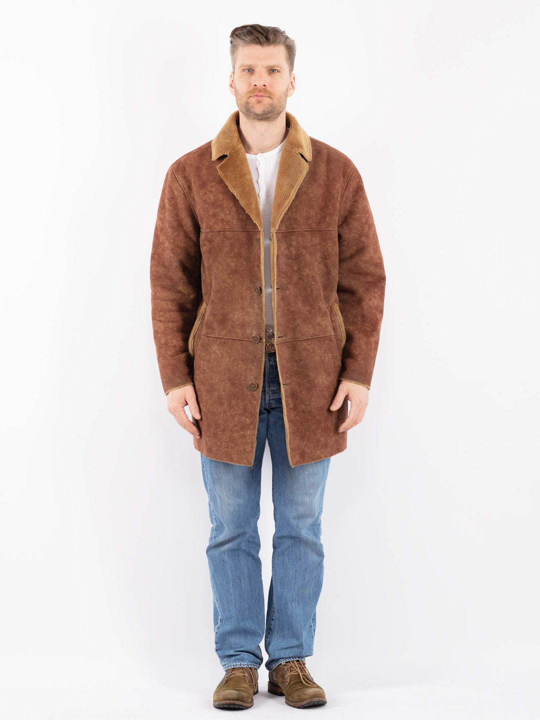 Vintage 00's Men Faux Sheepskin Coat in BrownZ1450