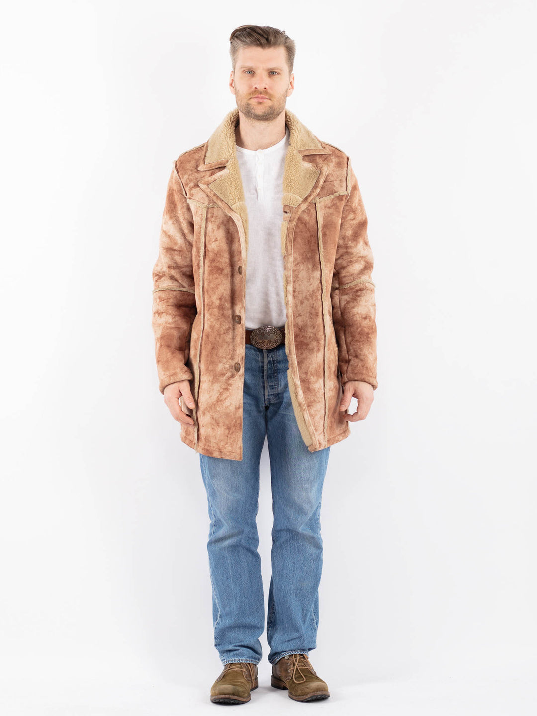 Vintage 00's Men Faux Sheepskin Coat in BeigeZ1451