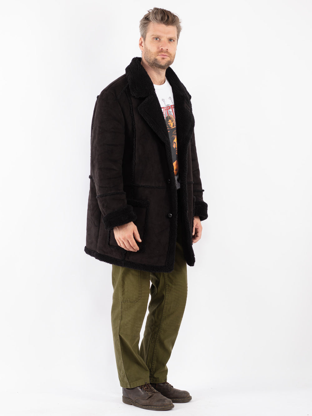 Vintage Men Faux Sheepskin Coat in Black