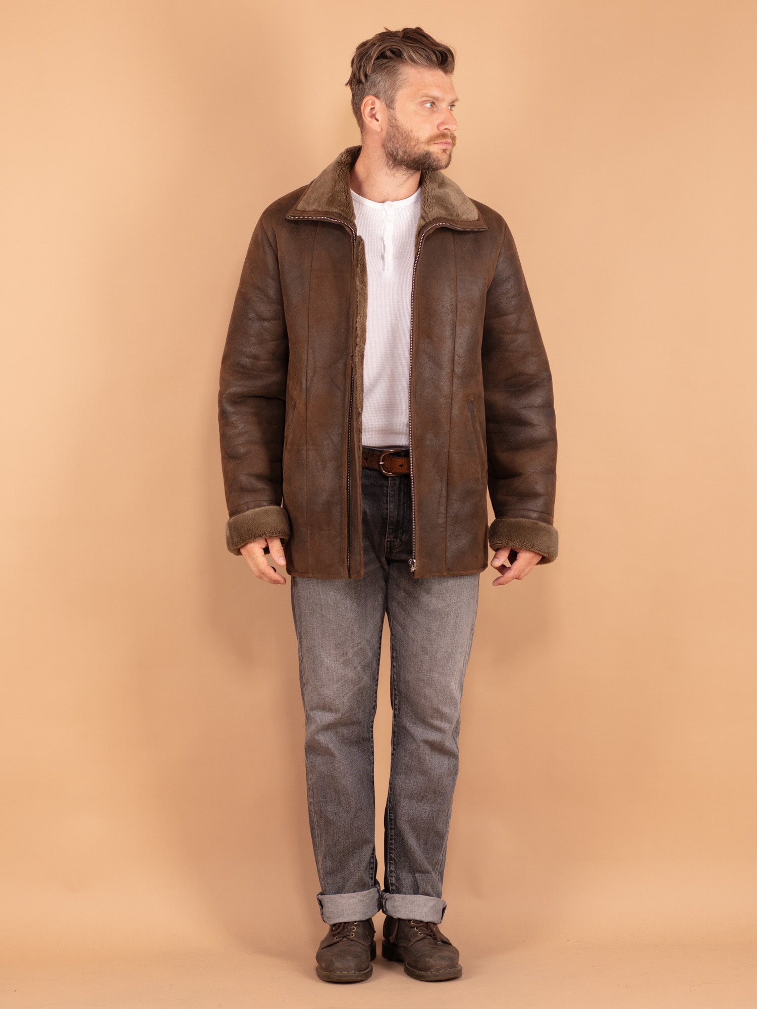 Online Vintage Store Vintage 00 s Men Faux Sheepskin Coat in Brown Northern Grip NorthernGrip