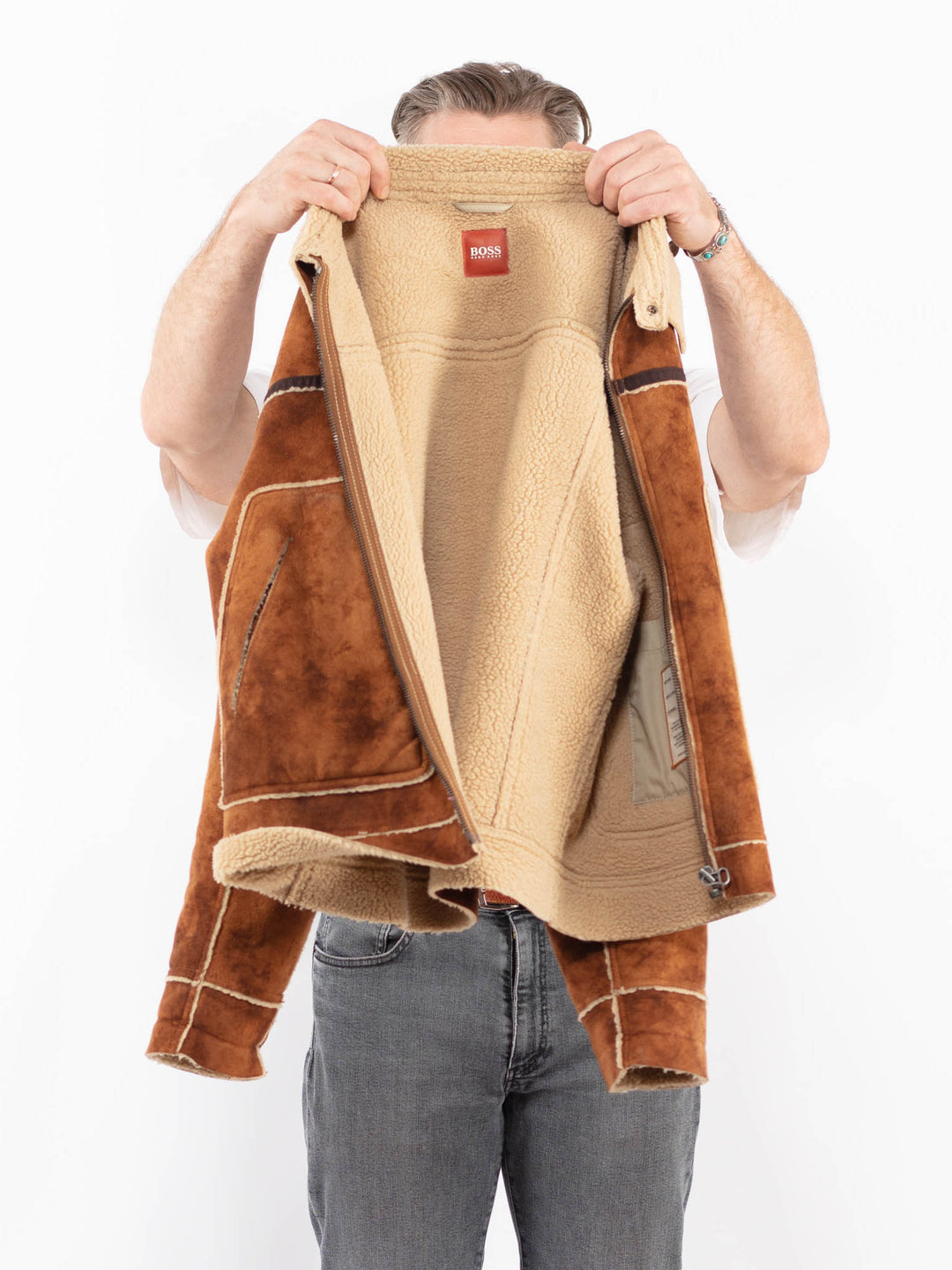 Vintage 00's Men Faux Sheepskin Jacket in BrownZ2063