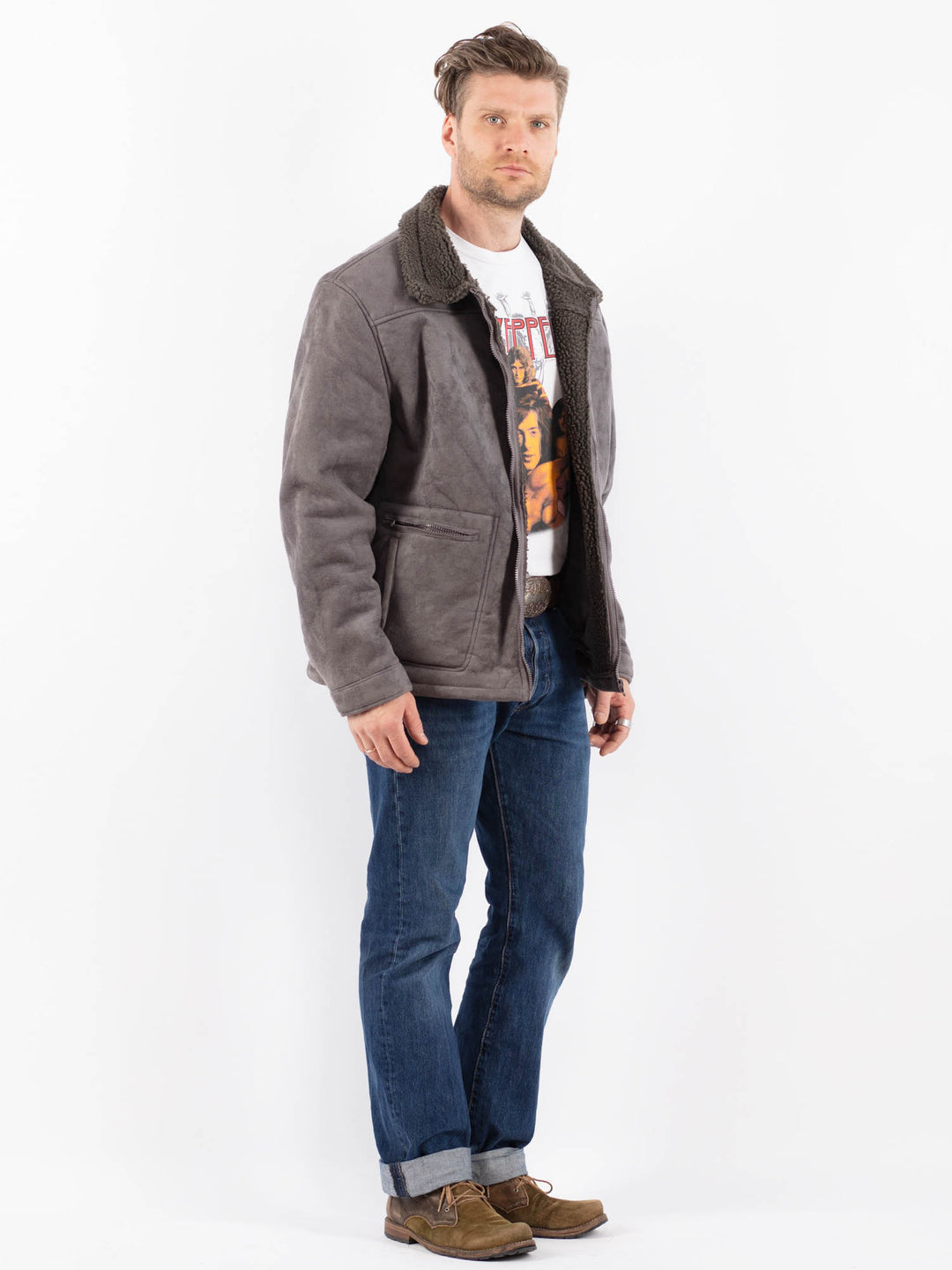 Vintage 00's Men Faux Sheepskin Jacket in GrayZ1539