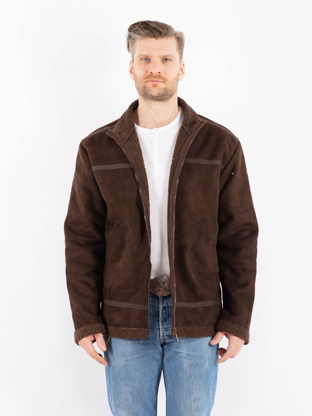 Vintage 00's Men Faux Sheepskin Jacket in BrownZ1446