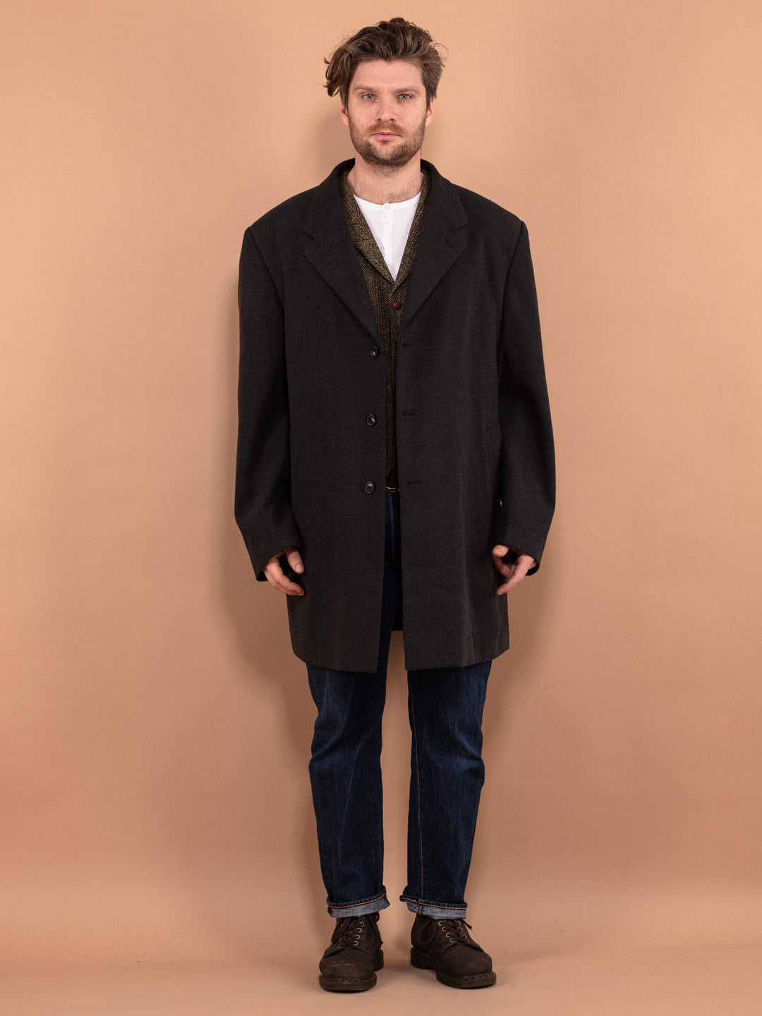 Faux Wool Coat 00s, Wool Coat Gray Size XL, Vintage Wool Coat, Spring Wool Coat, Casual Wool Coat, Men Minimalist Coat, Vintage Outerwear