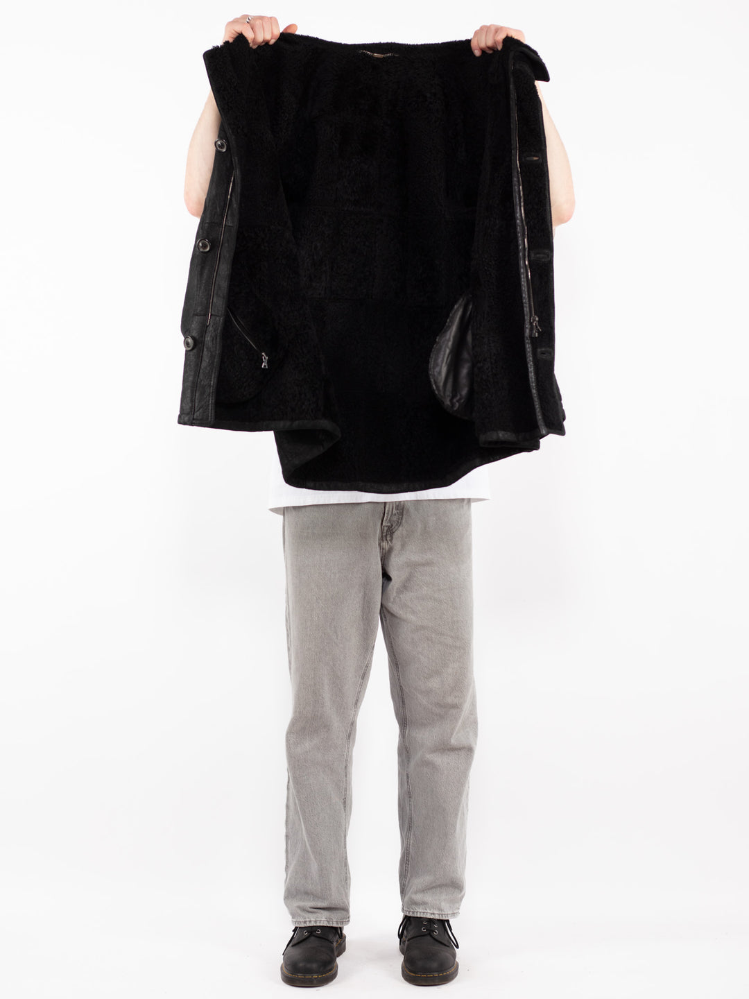 Vintage 00's Men Sheepskin Leather Coat in Black