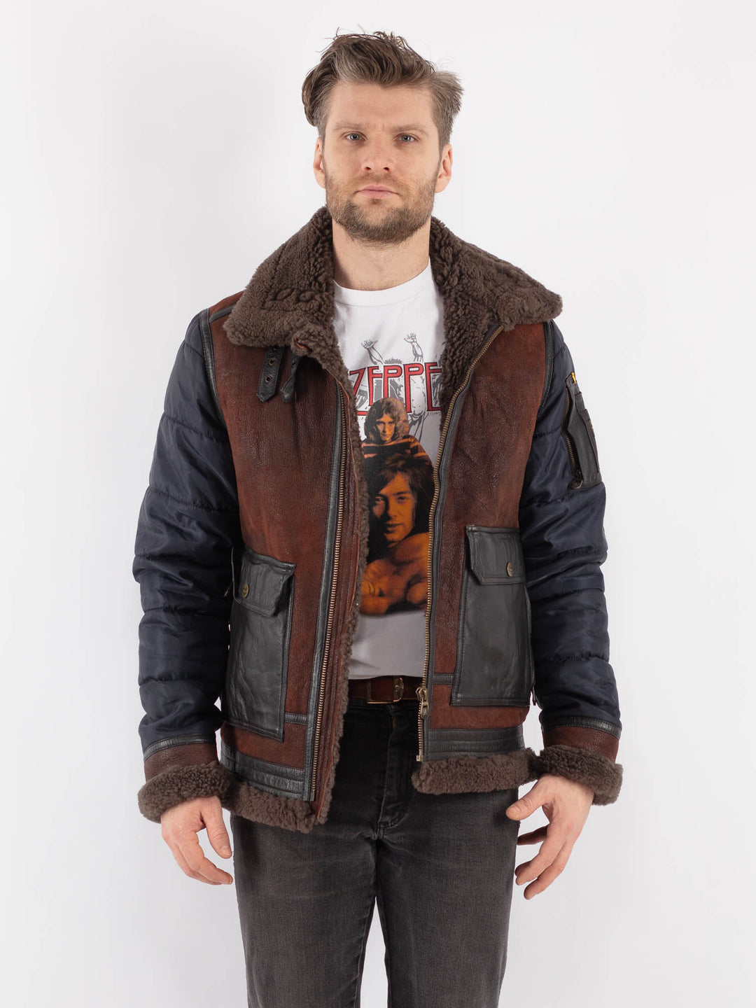 Vintage 00's PME Legend Skygoose B-3 Style Sheepskin Puffer Jacket in Blue Brown - NorthernGrip
