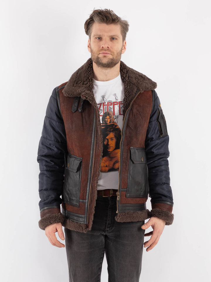 Vintage 00's PME Legend Skygoose B-3 Style Sheepskin Puffer Jacket in Blue Brown - NorthernGrip