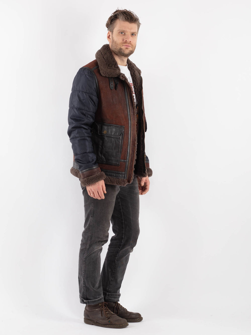 Vintage 00's PME Legend Skygoose B-3 Style Sheepskin Puffer Jacket in Blue Brown - NorthernGrip