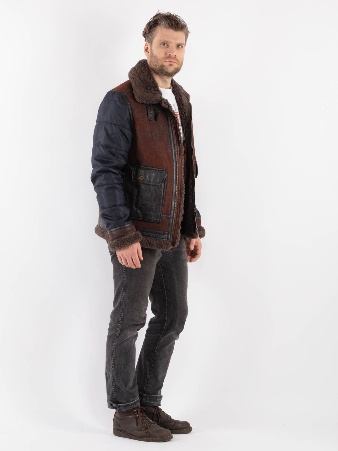 Vintage 00's PME Legend Skygoose B-3 Style Sheepskin Puffer Jacket in Blue Brown - NorthernGrip