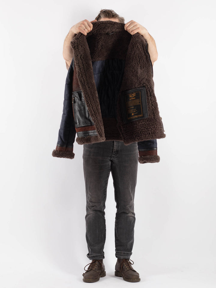 Vintage 00's PME Legend Skygoose B-3 Style Sheepskin Puffer Jacket in Blue Brown - NorthernGrip