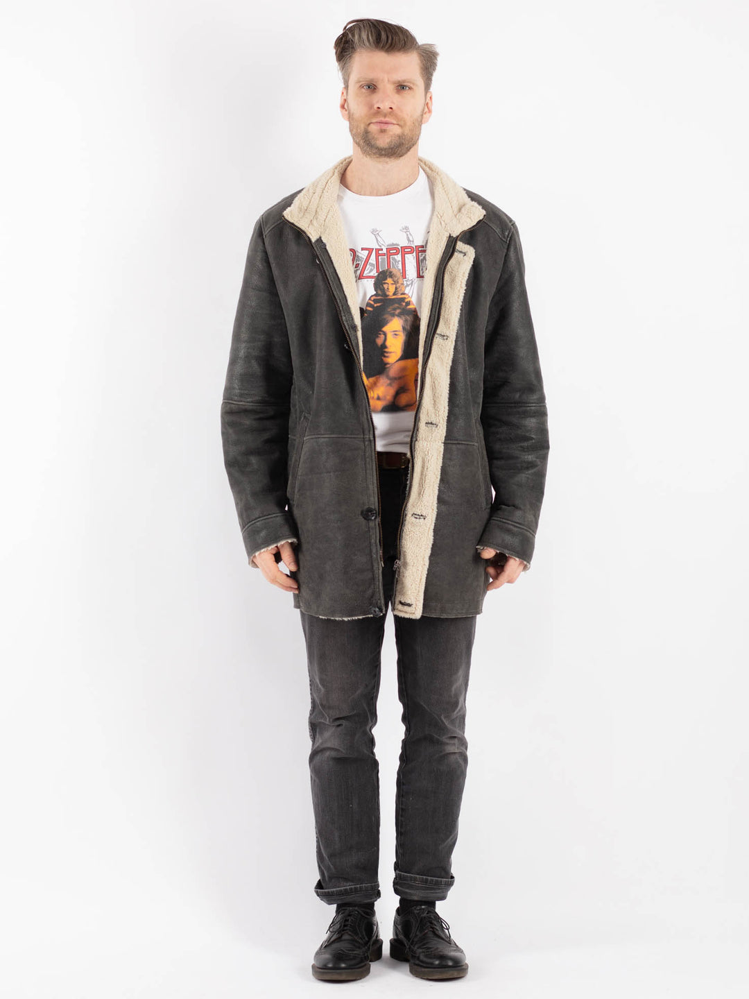 Vintage 00's Men Suede Sherpa Coat in GrayZ443
