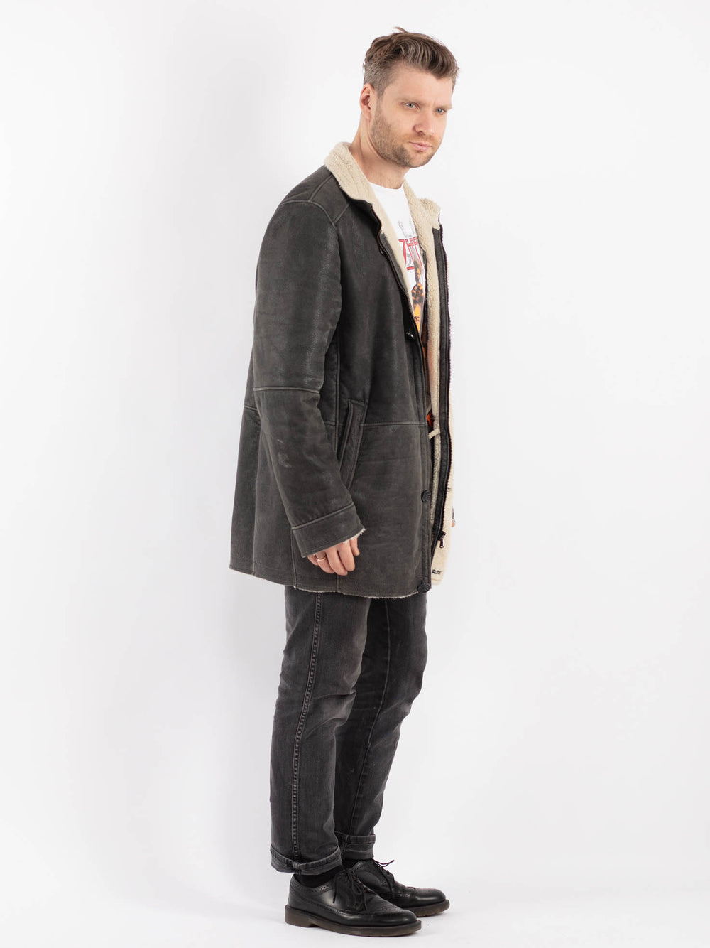 Vintage 00's Men Suede Sherpa Coat in GrayZ443