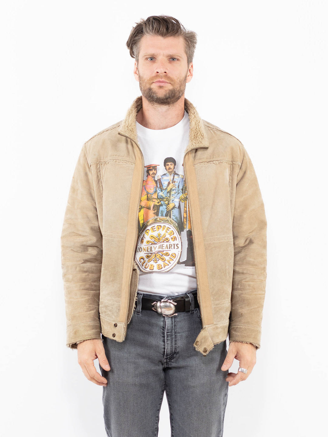 Vintage 00's Men Suede Sherpa Jacket in BeigeZ1941