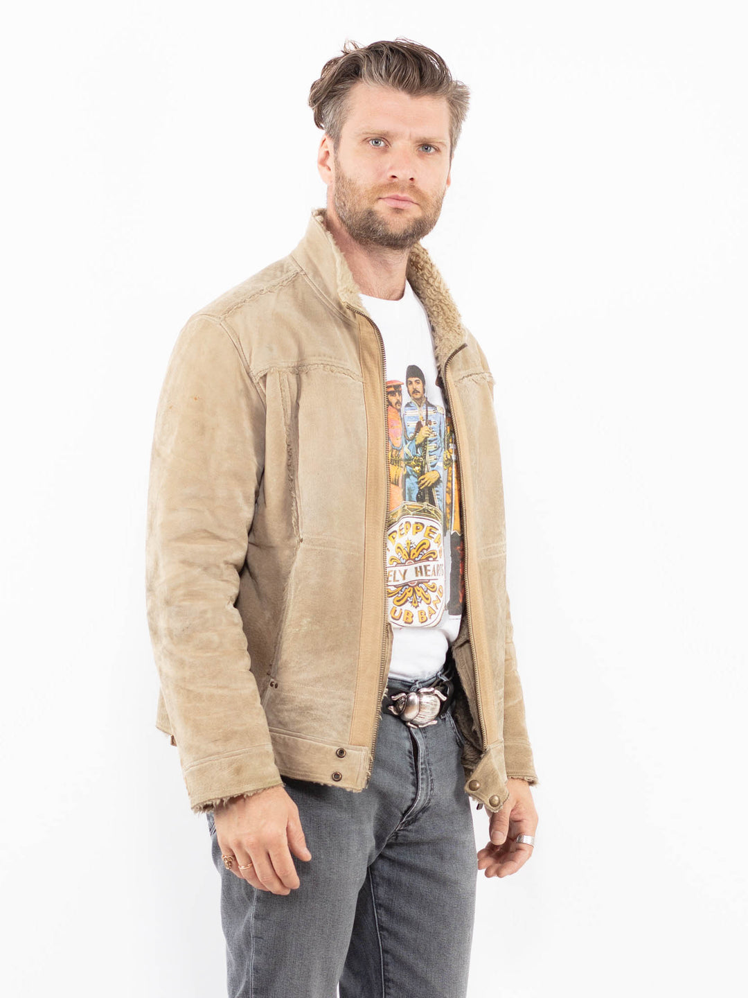 Vintage 00's Men Suede Sherpa Jacket in BeigeZ1941