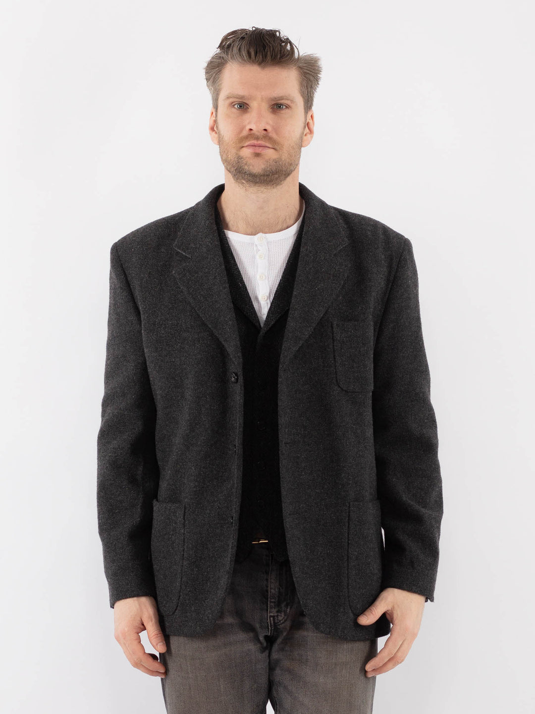 Vintage 00's Men Wool Blazer Jacket in GrayZ1077