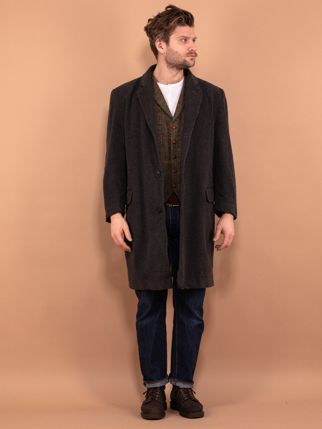 Men's Wool Coat 00s, Wool Coat In Gray Size M, Vintage Wool Coat, Spring Wool Coat, Casual Wool Coat, Men Minimalist Coat, Vintage Outerwear