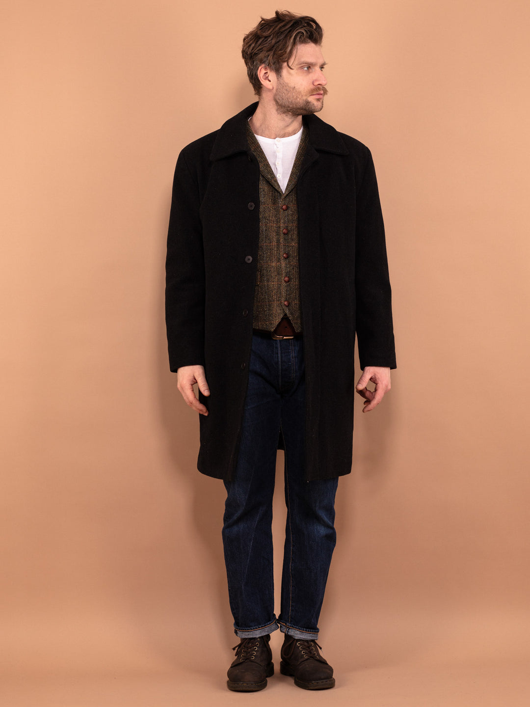 Vintage 00's Men Wool and Cashmere Blend Coat in Black - NorthernGrip