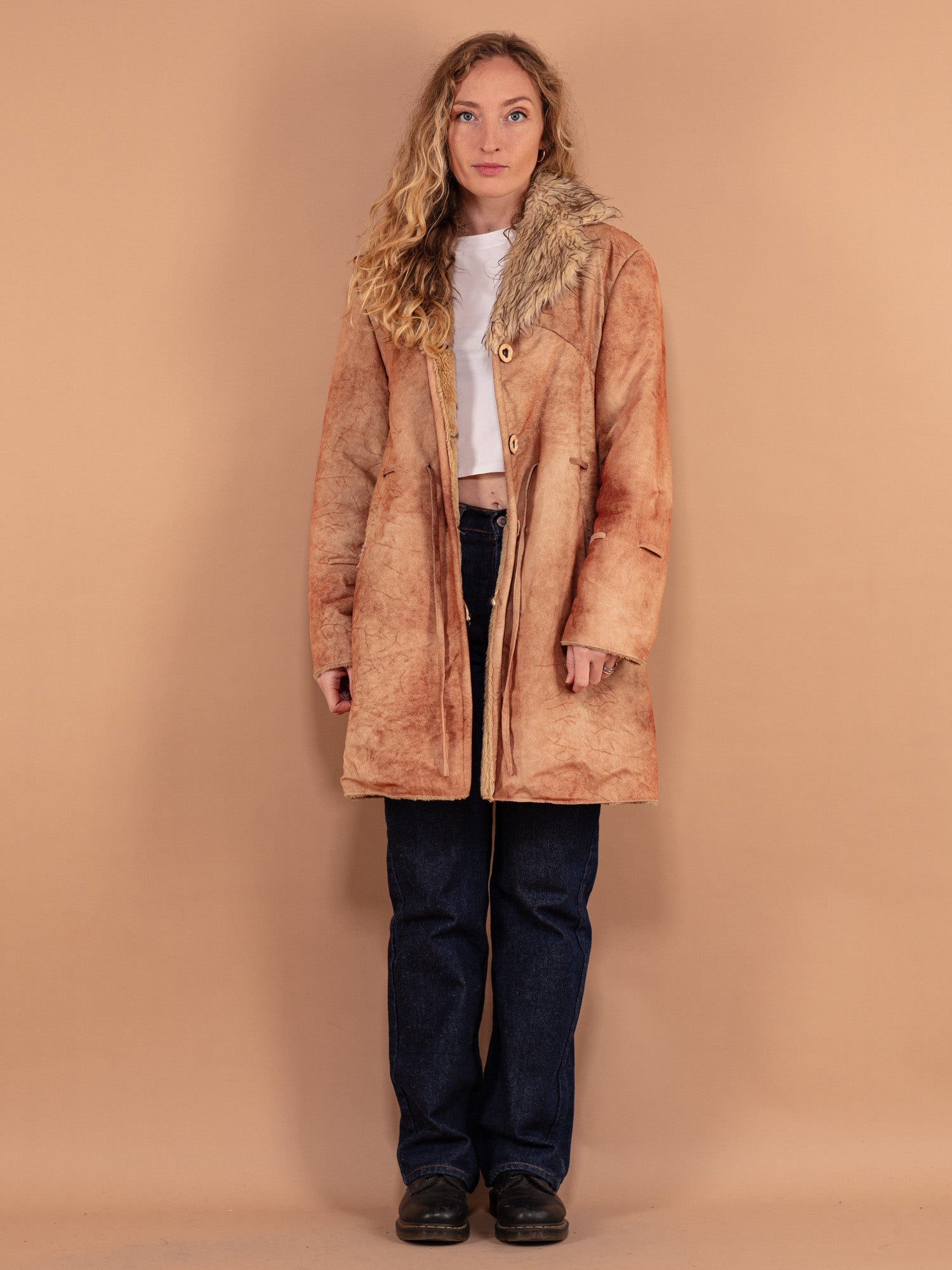 Shearling Sheepskin Coat 00's women vintage brown suede sheepskin shearling coat winter outerwear women vintage clothing size deals large L