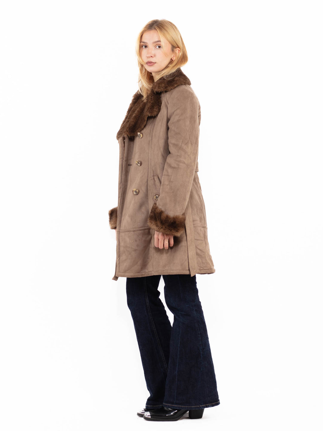 Vintage 00's Penny Lane Faux Sheepskin Coat in Beige