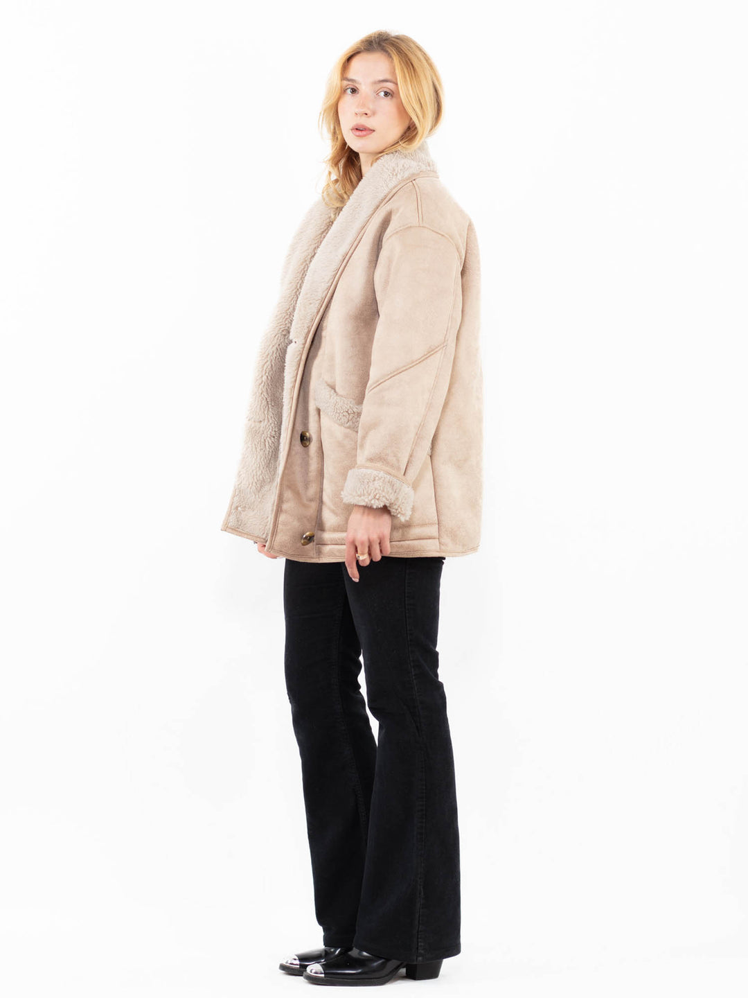 Vintage 00's Women Faux Sheepskin Coat in BeigeA0212