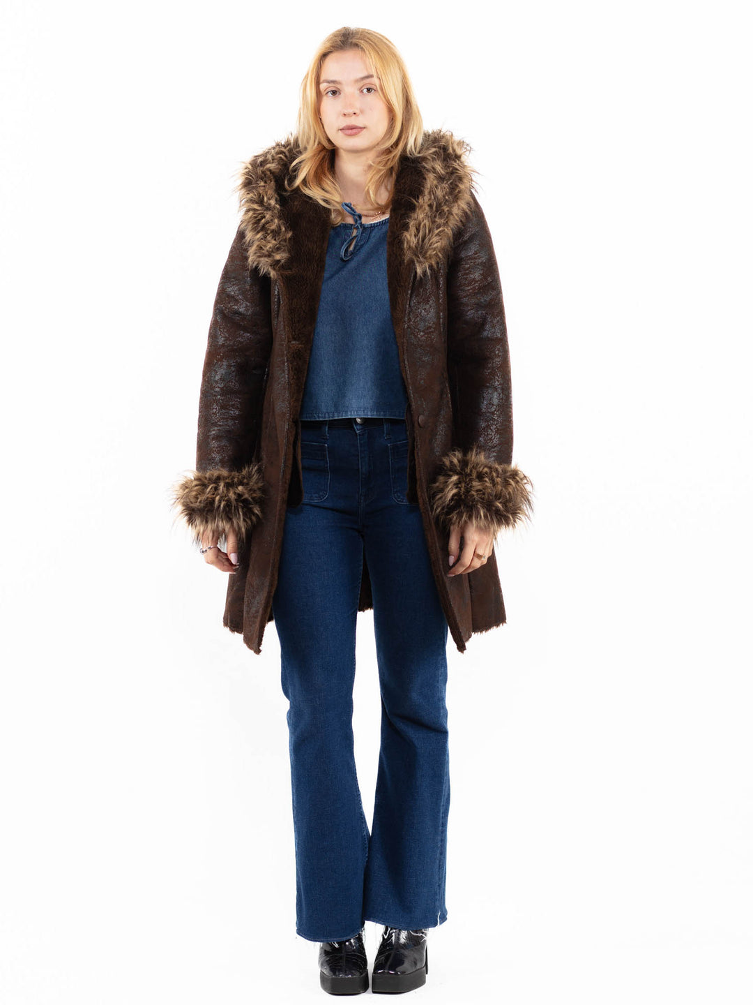 Vintage 90's Women Faux Sheepskin Coat in BrownA0013