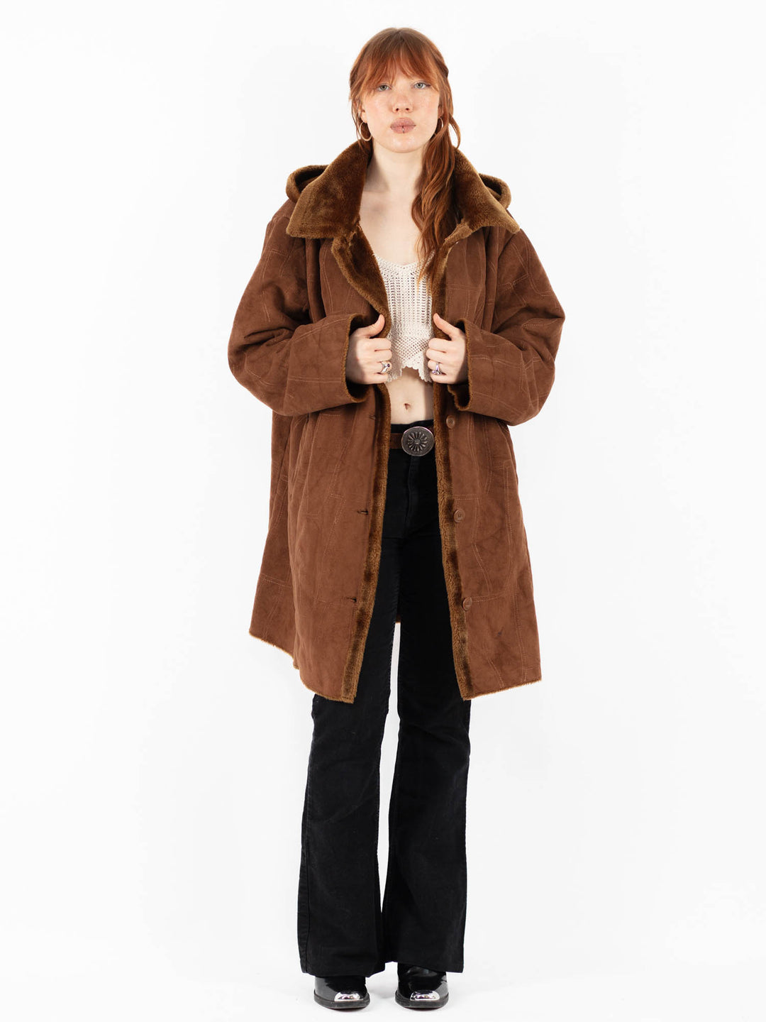 Vintage 00's Women Faux Sheepskin Coat in BrownV9837