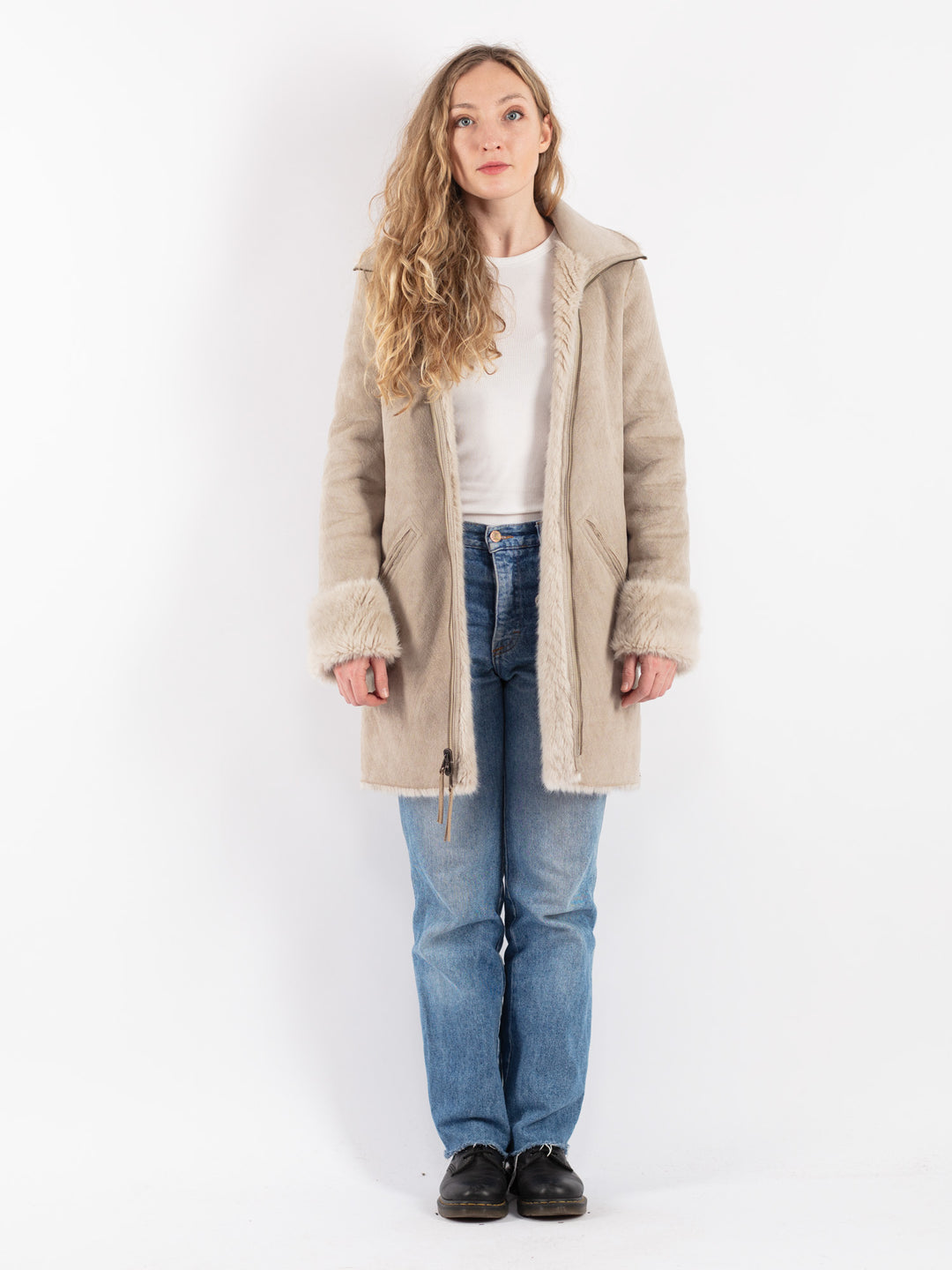 Vintage 00's Women Faux Sheepskin Coat in Beige