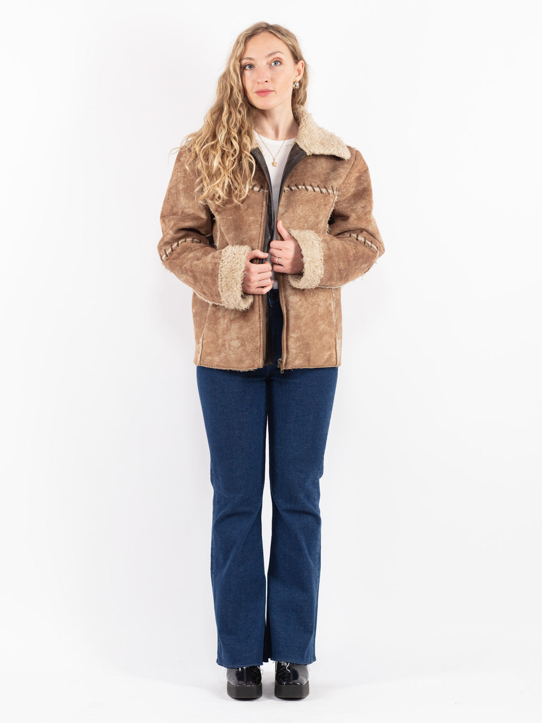 Vintage 00's Women Faux Sheepskin Jacket in Beige