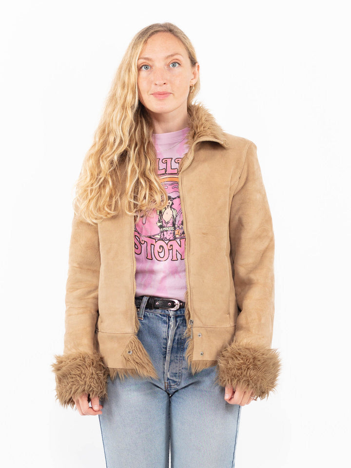 Vintage 90's Women Faux Sheepskin Jacket in BeigeA0565