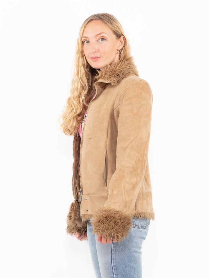 Vintage 90's Women Faux Sheepskin Jacket in BeigeA0565
