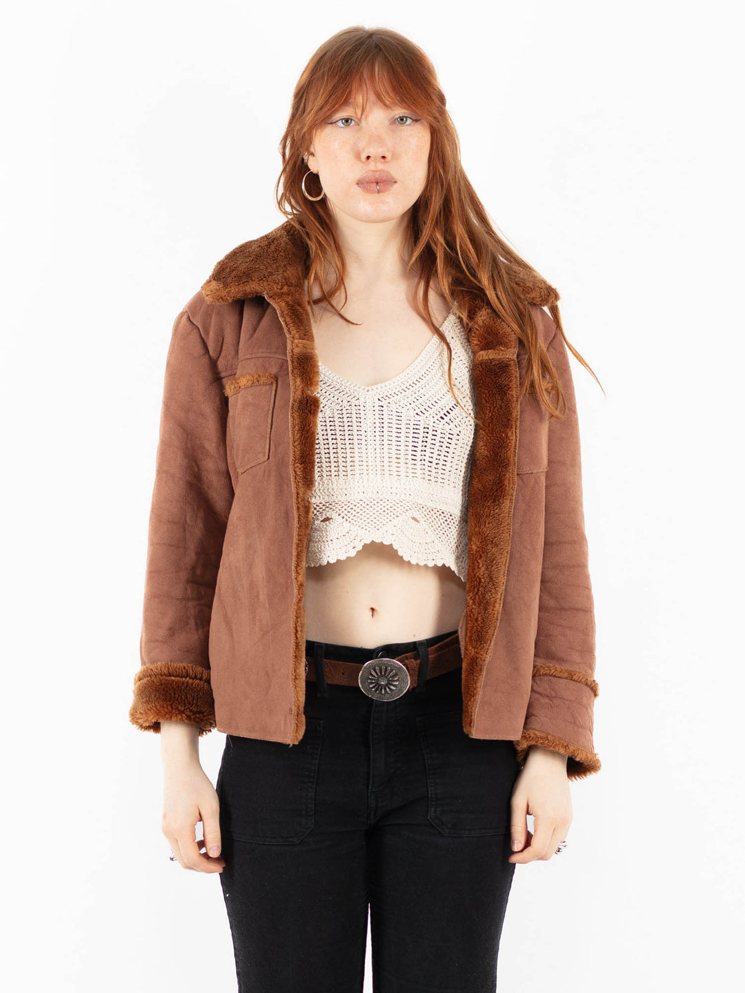 Vintage 00's Women Faux Sheepskin Jacket in BrownV9829