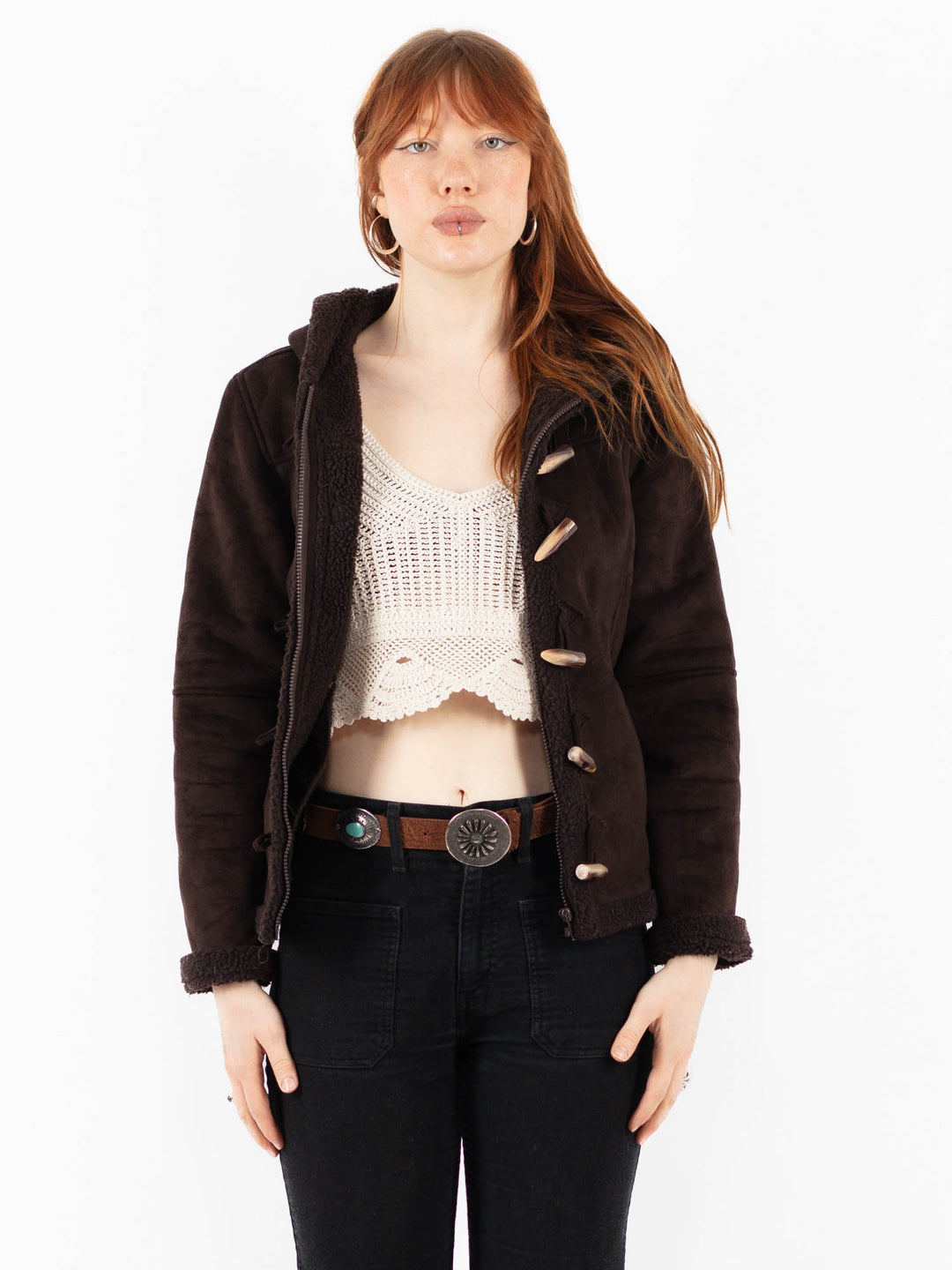 Vintage 90's Women Faux Sheepskin Jacket in BrownV9835