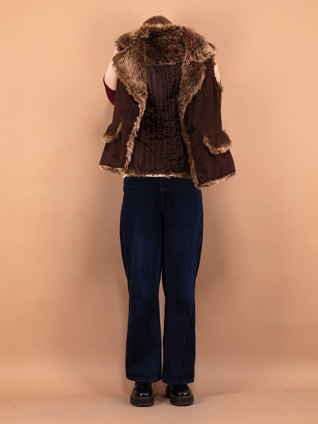 00s Faux Sheepskin Vest, Size XS Small, Women Boho Sherpa Vest, Faux Fur Trim Gilet, Sleeveless Jacket, Vintage Y2K Style Boho Fashion