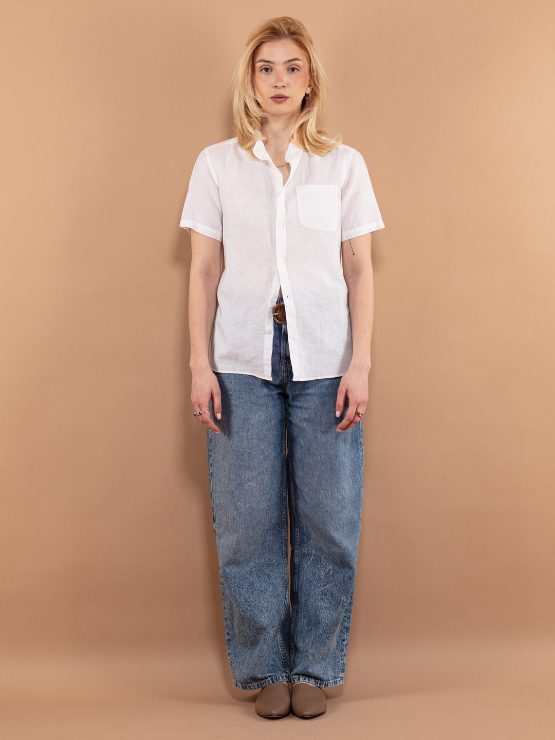 Linen Blend Shirt, Size M, White Linen Shirt, Short Sleeve Shirt, Vintage Linen Top, Classic Linen Blouse, Linen Clothing, Womens Clothing
