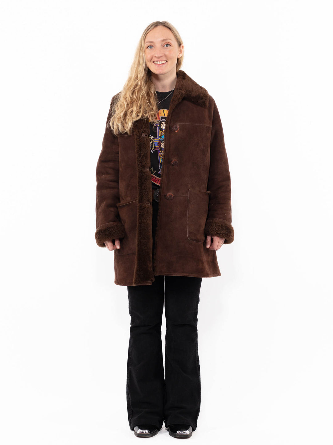 Vintage 00's Women Sheepskin Shearling Coat in BrownA0941